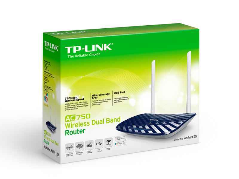 ROUTER TP-LINK AC750 Archer C20 V4 WIRELESS Dual Band 433Mbps a 5GHz 300Mbps a 2.4GHz 1 10/100M WAN 4 10/100M LAN 3 Antenne