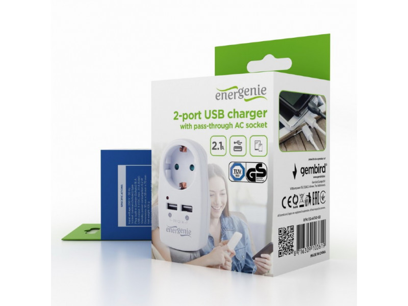 Caricabatterie USB a 2 porte EnerGenie bianco EG-ACU2-02