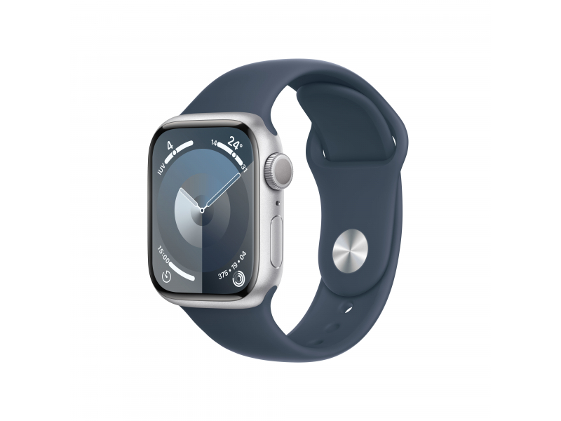 Apple Watch Series 9 (GPS) cassa in alluminio da 41 mm argento, cinturino Sport blu tempesta, M/L