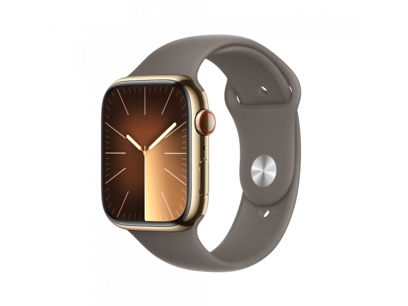 Apple Watch Series 9 (GPS Cellular) cassa da 45 mm in acciaio inossidabile color oro, cinturino sportivo grigio M/L