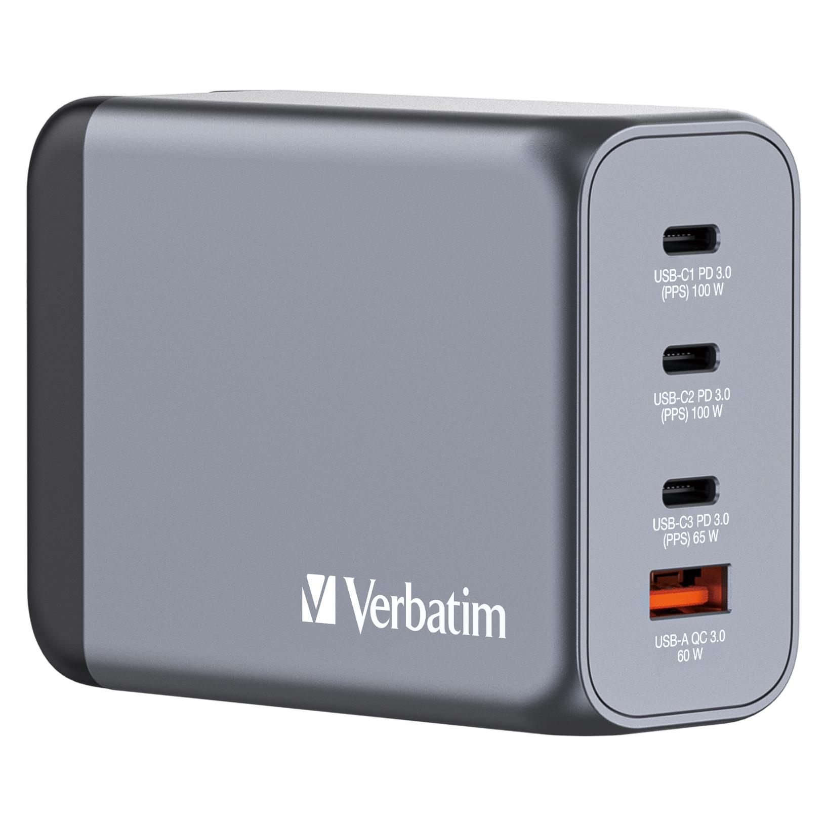 Verbatim GNC-200 Universale Nero Grigio AC Ricarica rapida Interno (GNC-200 GAN CHARGER 4 PORT 200W - USB A/C EU/UK/US)