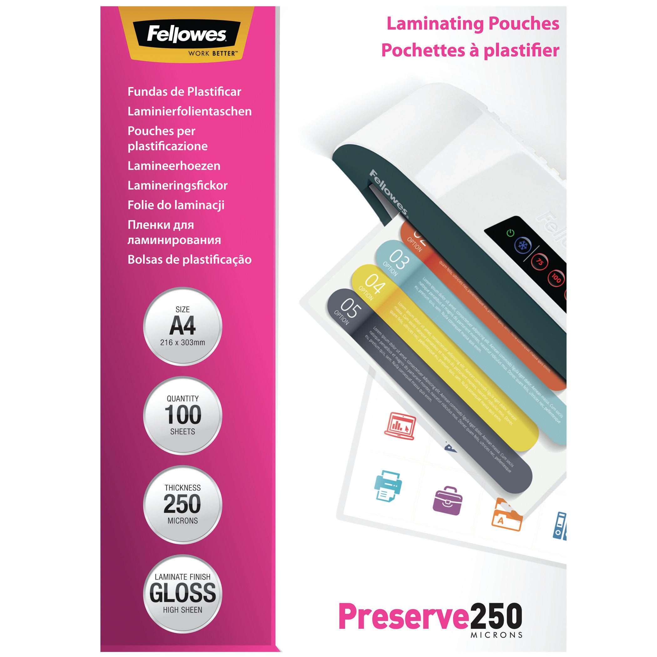 FELLOWES LAMINATING POUCH A4 250MIC 100PK