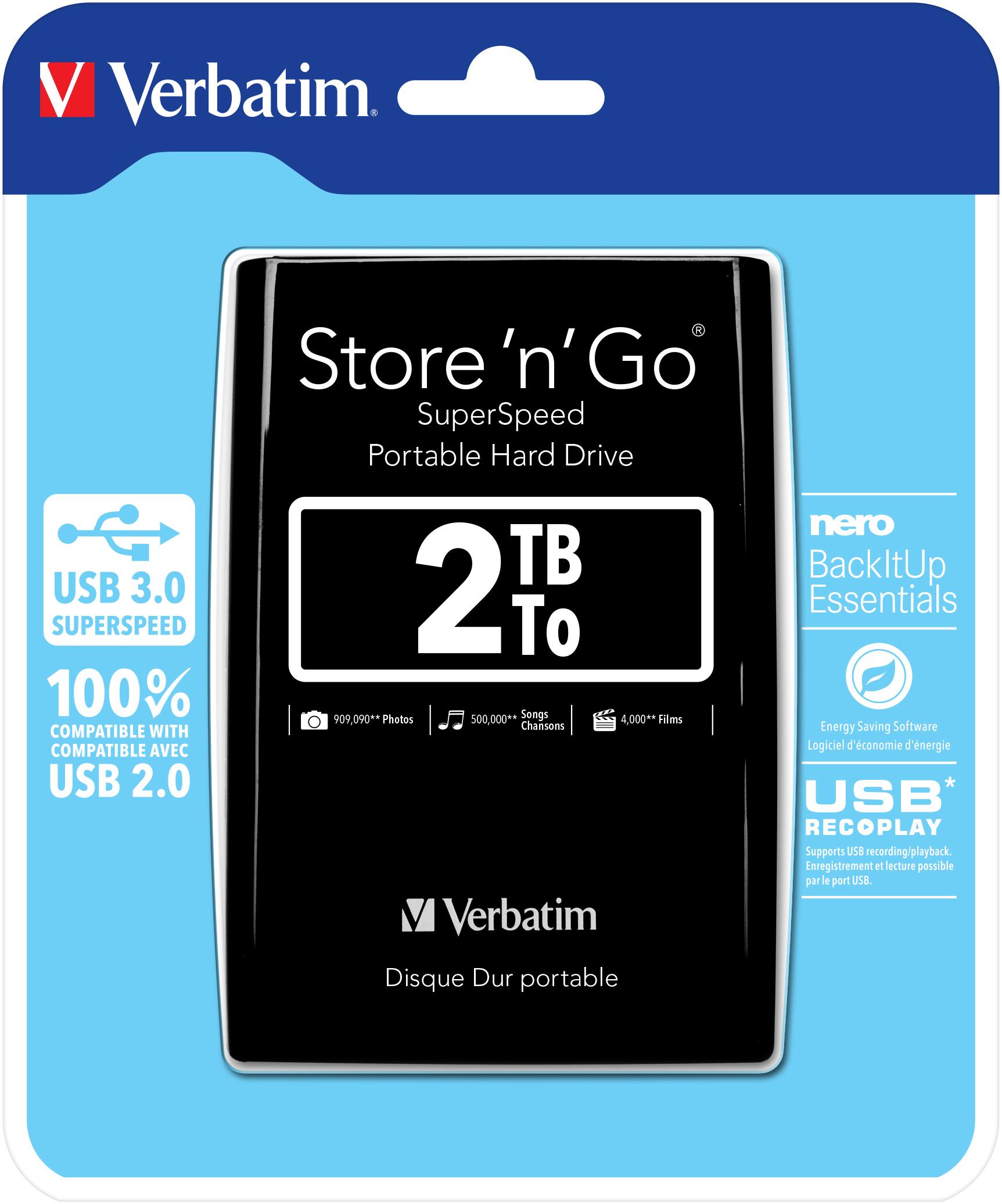 Verbatim Disco rigido portatile Store 'n' Go USB 3.0 da 2 TB Nero