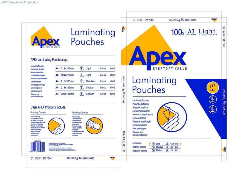 Confezione Fellowes Apex con 100 copertine per plastificare la luminosità A3 - 75 micron - alta qualità - trasparente