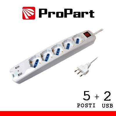 Multipresa 5pos bipasso/schuko USB spina16A interr.