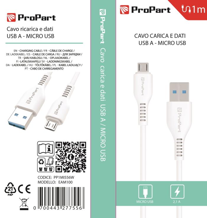 Cavo Carica e Dati Micro Usb 2.1 A. Lunghezza 1 metro Bianco