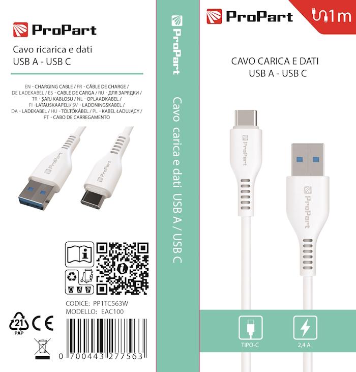 Cavo Carica e Dati Tipo-C 2.4 A. Lunghezza 1 metro Bianco