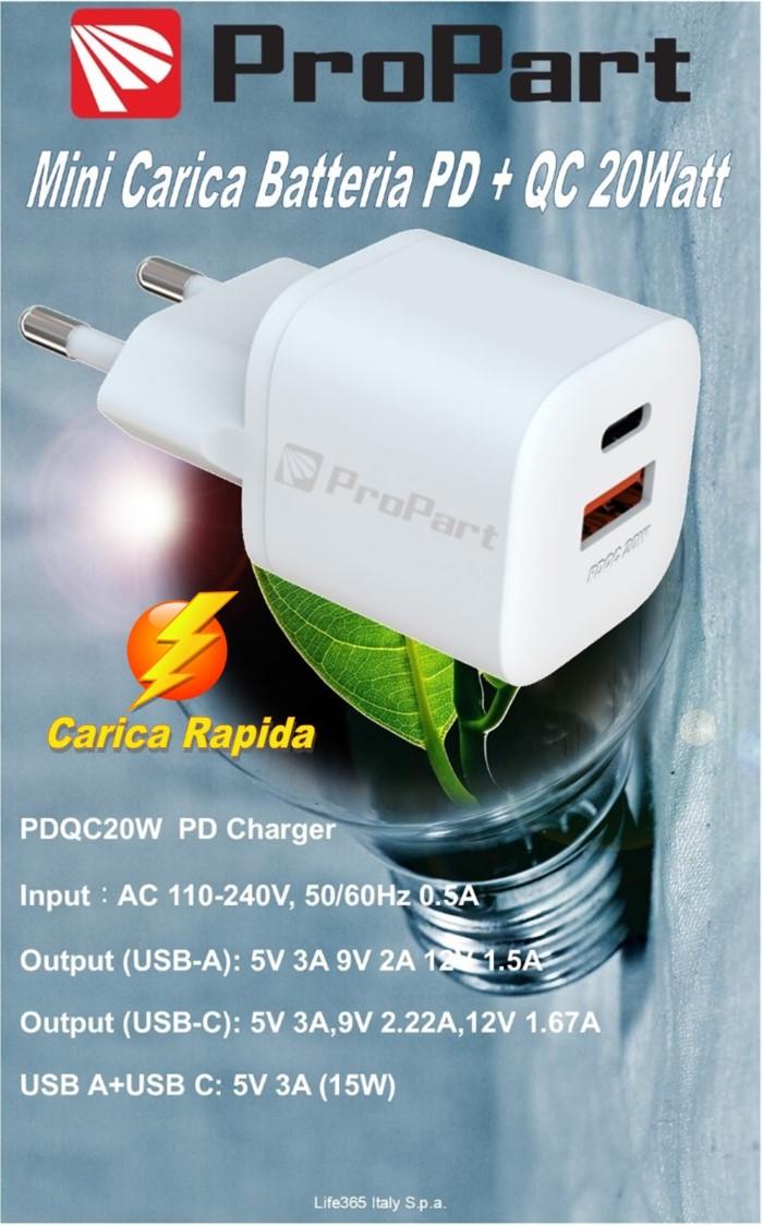 Carica Battere Rapido Mini PD QC 20W 2 Out USB A - Type C