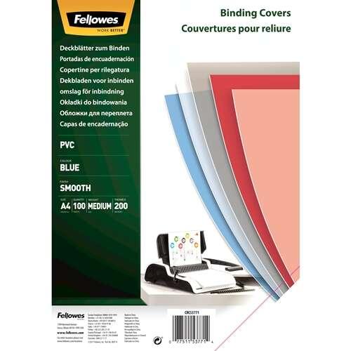 Pacchetto Fellowes da 100 coperture per legare da PVC A4 - 200 micron - molto resistente - colore blu trasparente