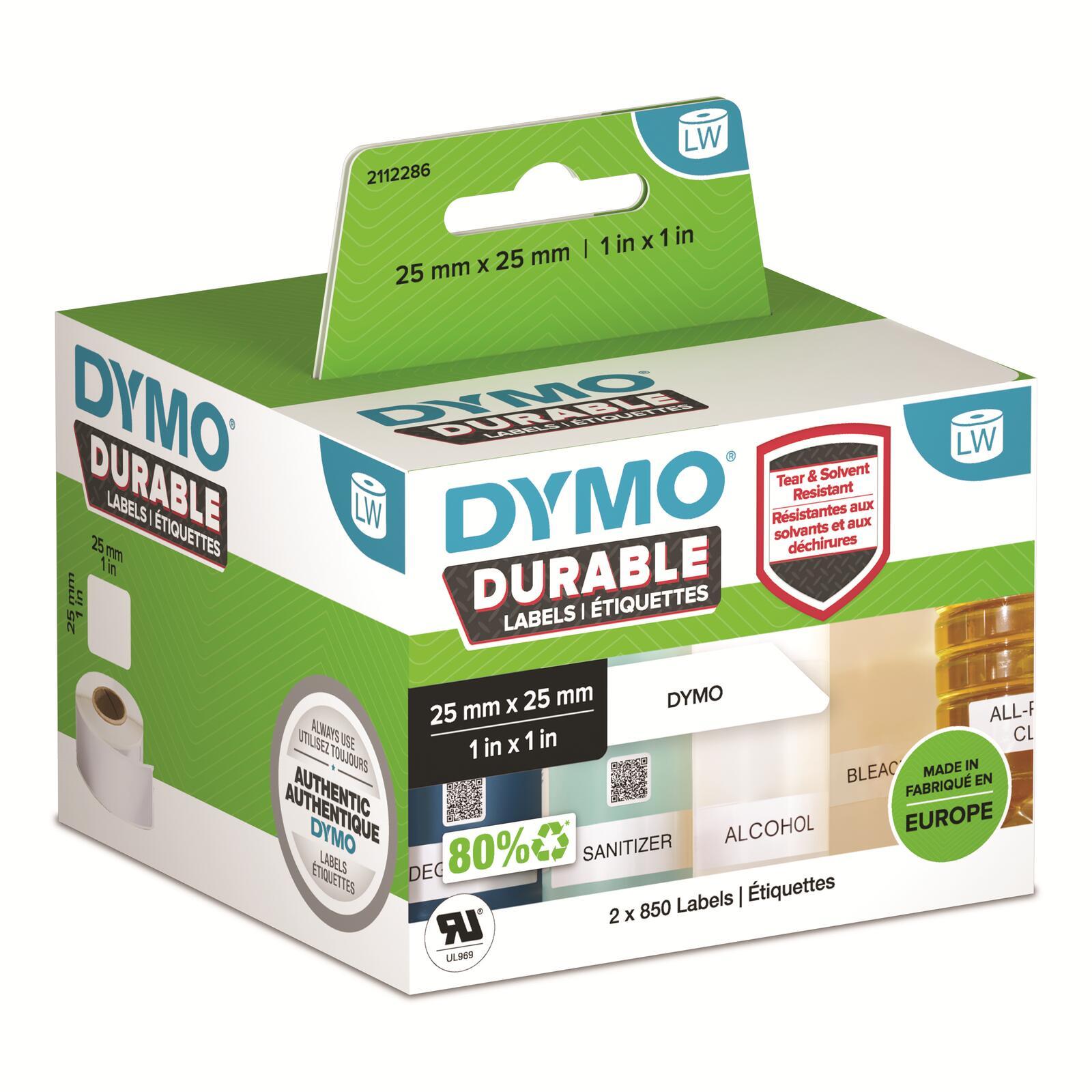 DYMO Durable Bianco Etichetta per stampante autoadesiva (Dymo 2112286 LW Durable square multi-purpose 25mm x 25mm Black on Whit