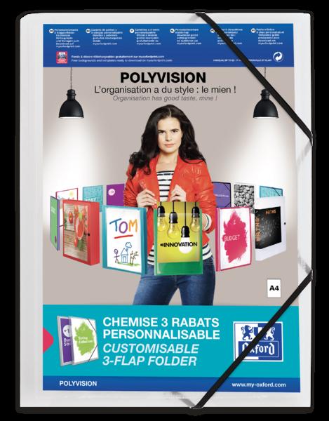 Cartella in gomma Oxford Polyvision A4+ a 3 lembi - Copertina in plastica personalizzabile - Dorso trasparente da 30 mm