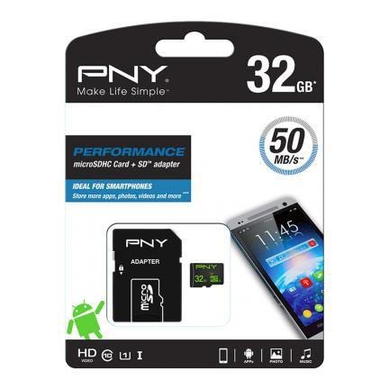 PNY Performance 32 GB MicroSDHC UHS-I Classe 10 (PNY 32GB MicroSD Performance 50MB/s- Adattatore SD incluso- Classe 10- 5 Anni