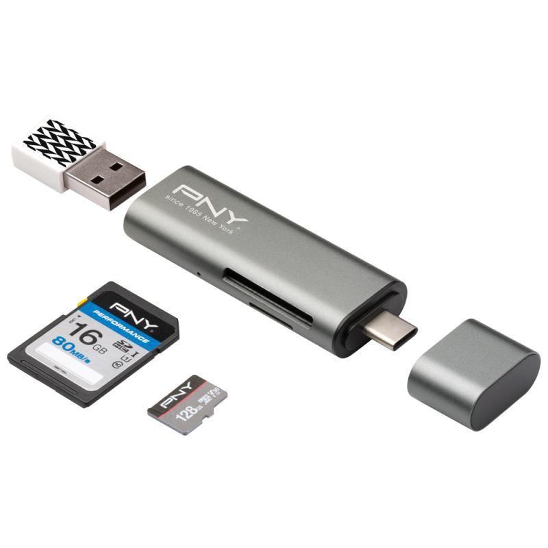 PNY - LECTEUR DE CARTE - 3 EN 1 (SD, MICROSD, SDHC, MICROSDHC, SDXC, MICROSDXC) - USB-C