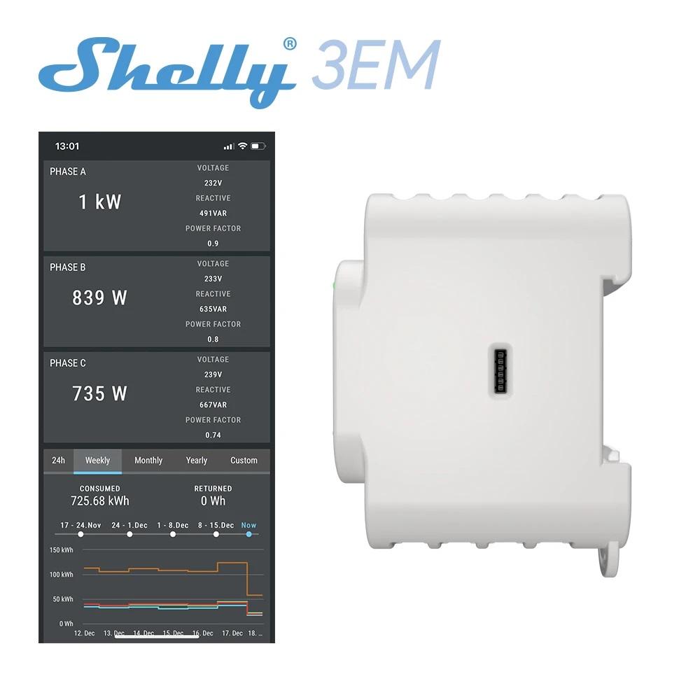 Shelly 3EM - Contatore energia Wi-Fi 3 pinze amperometriche da 120A