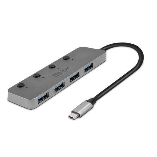 LINDY 43383 Hub USB 3.2 Type C a 4 porte con interruttori On/Off, velocità di trasferimento SuperSpeed ​​fino a 5 Gbps, re