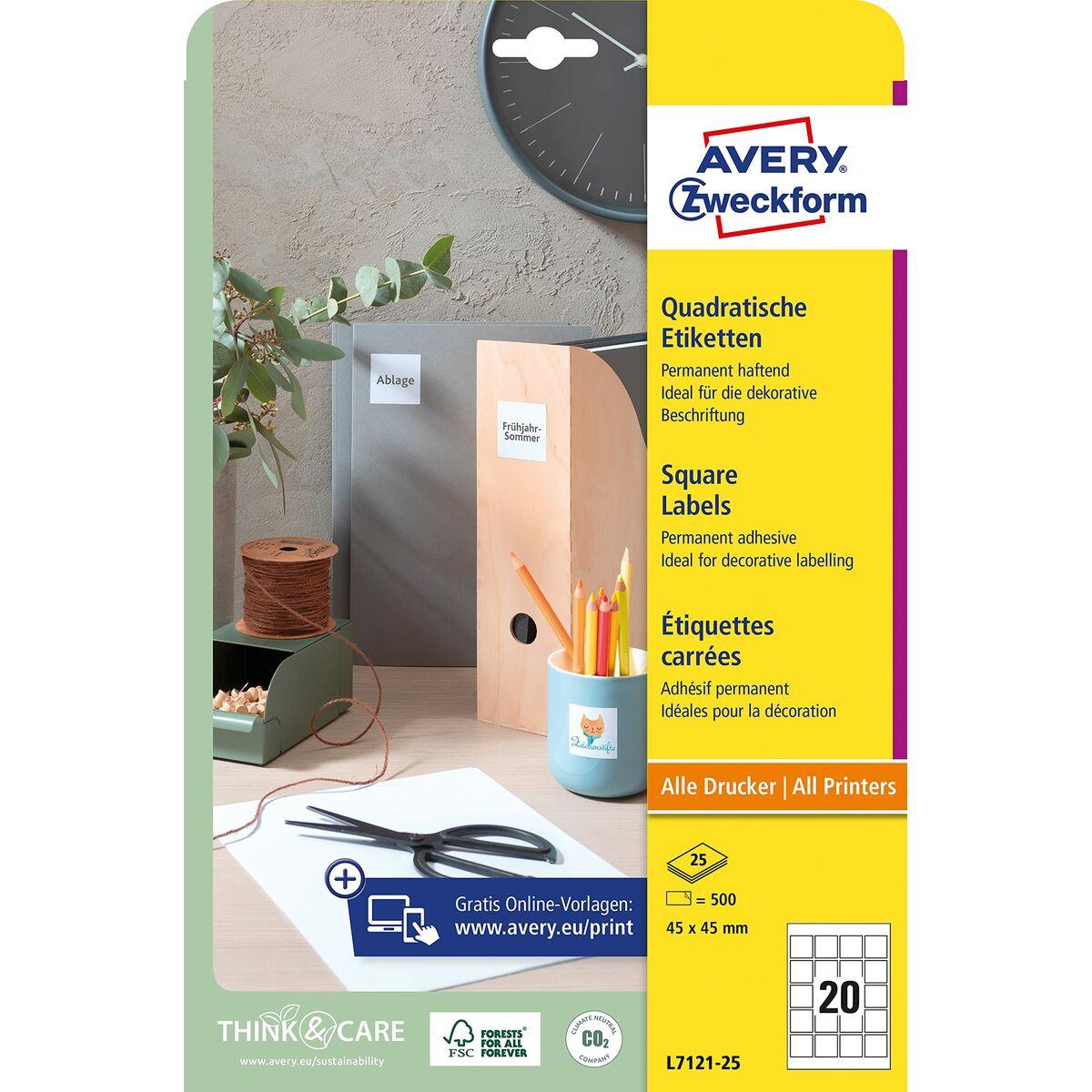 Etichette adesive Avery in carta bianca coprente per stampa QR code 20 et/foglio 45x45 mm -conf. 25 fogli L7121-25