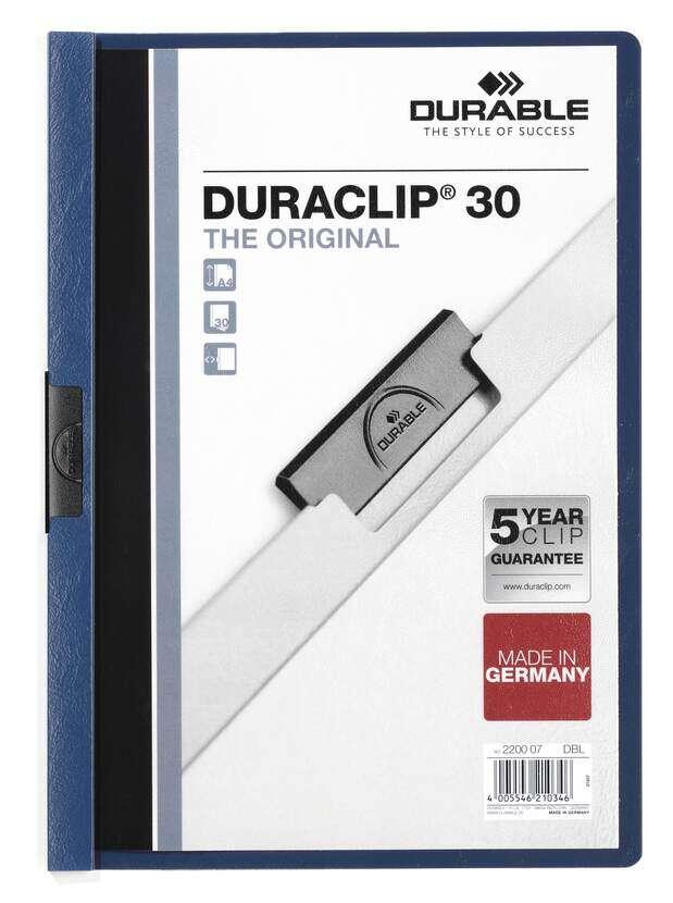 Resistente tessera in plastica Duraclip 30 con clip nera - Formato A4 - CapacitÃ  fino a 30 nebbie - Retro blu scuro