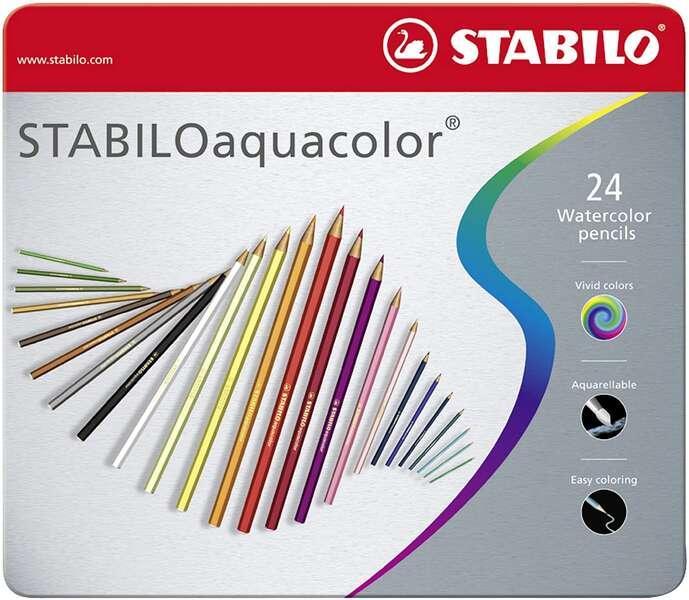 STABILO Matita colorata acquarellabile - STABILOaquacolor - Scatola in Metallo da 24 colori assortiti