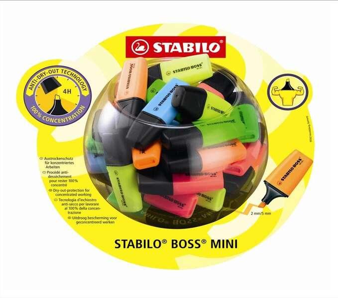 Stabilito Boss Mini Expositor con 50 marcatori fluorescenti - corsa tra 2 e 5 mm - Inchiostro a base d'acqua - Antisecado - Col