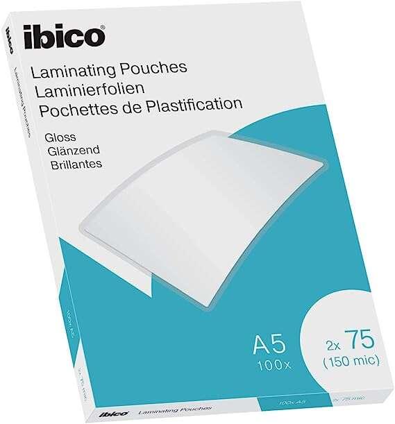 Ibico Scatola da 100 Fogli Laminati A5 Lucidi 75 Micron - Finitura Lucida - Lamina Carta, Foto, Biglietti da Visita, Risorse Sc