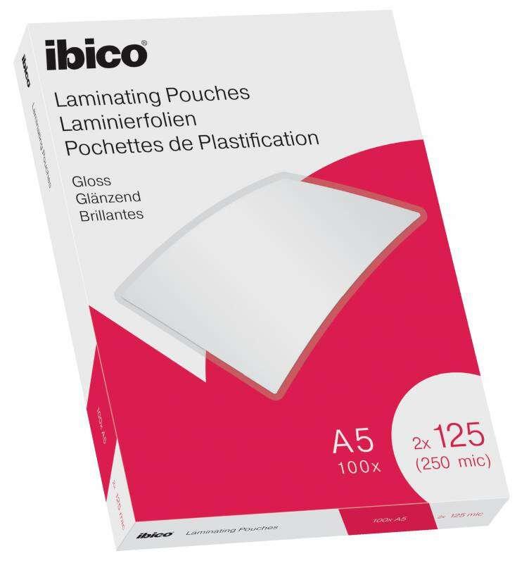 Ibico Scatola da 100 Fogli Laminati Lucidi A5 125 Micron - Finitura Cristallina Alta Lucida - Lamina Carta, Foto, Biglietti da