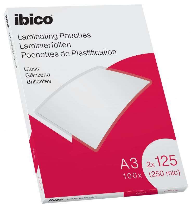 Ibico Scatola da 100 Fogli di Laminazione A3 Lucidi 125 Micron - Finitura Cristallina Alta Lucentezza - Formato A3 - Scatola da