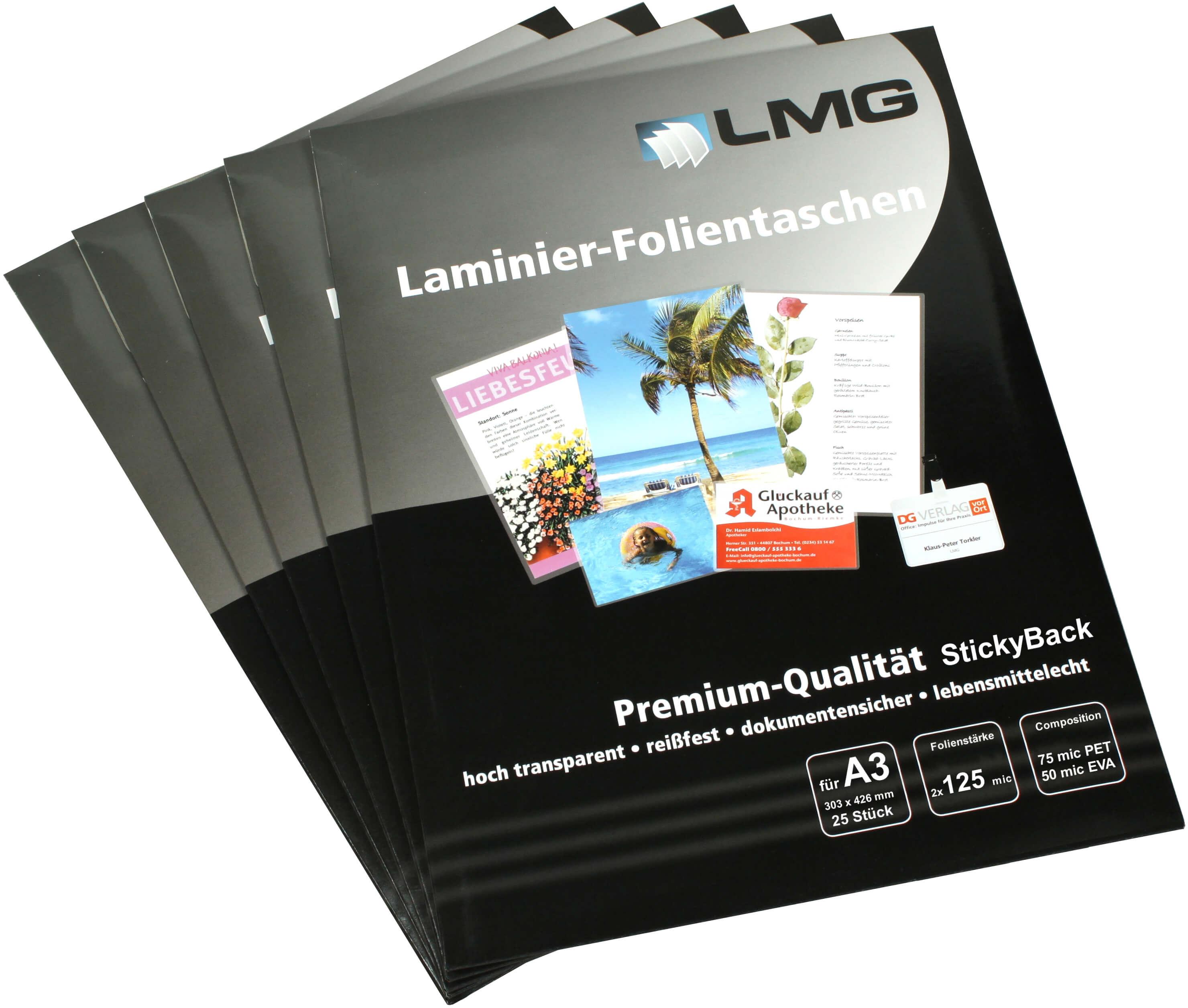 Film laminati A3 (303 x 426 mm), 2 x 125 microfono, lucido, con self -cl.Indietro (25 ore)