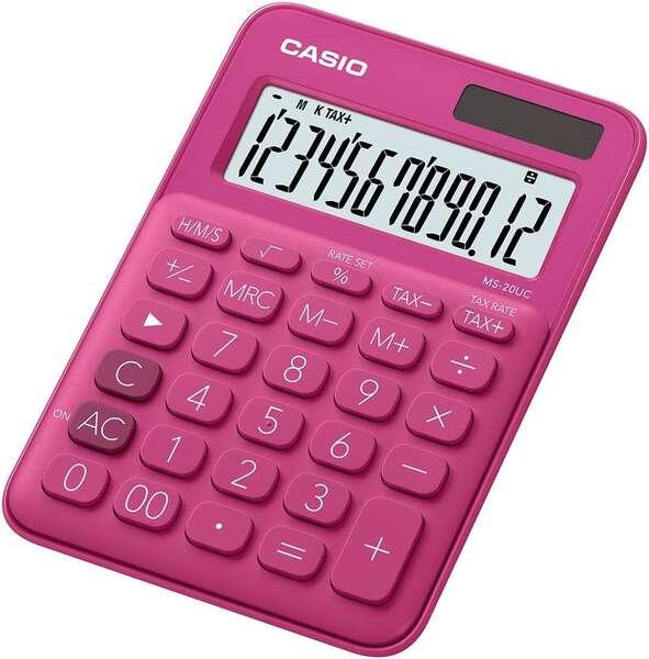 Casio MS-20UC Piccola calcolatrice da tavolo - Schermo LCD a 12 cifre - Alimentazione solare e a batteria - Colore rosa fucsia