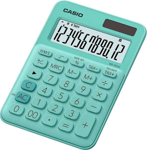 Piccola calcolatrice da tavolo Casio MS-20UC - Schermo LCD a 12 cifre - Alimentazione solare e a batteria - Colore verde