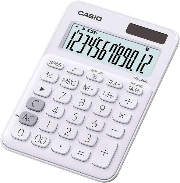 Piccola calcolatrice da tavolo Casio MS-20UC - Schermo LCD a 12 cifre - Alimentazione solare e a batteria - Colore bianco