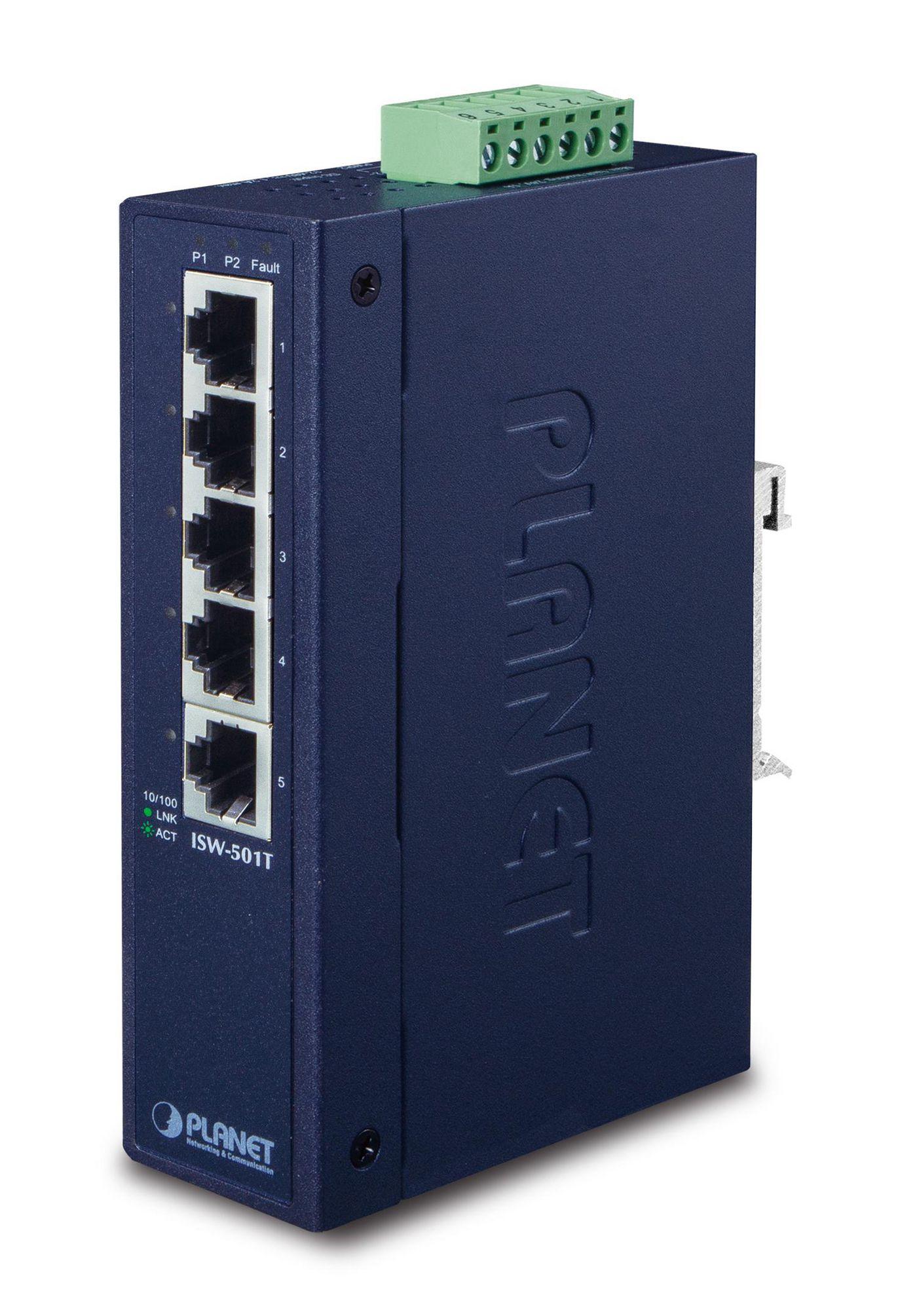 PLANET ISW-501T switch di rete Non gestito L2 Fast Ethernet [10/100] Blu (IP30 Slim Type 5-P Industrial - Fast Ethernet Switch