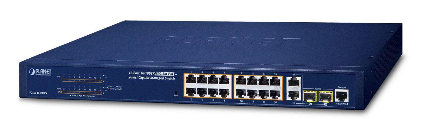 PLANET FGSW-1816HPS switch di rete Gestito L2 Fast Ethernet [10/100] Supporto Power over Ethernet [PoE] Blu (16-Port 10/100TX 8