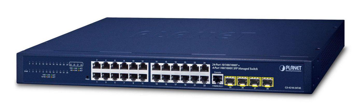 PLANET IPv4/IPv6, 24-Port Gestito L2/L4 Gigabit Ethernet [10/100/1000] 1U Blu (IPv4/IPv6, 24-Port - 10/100/1000T + 4-Port - 100