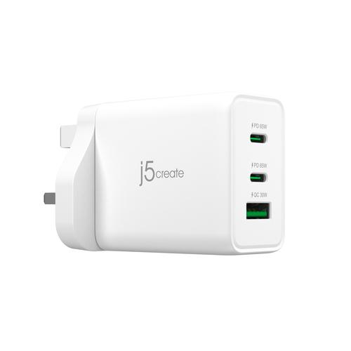 j5create JUP3365F-FN Caricatore GaN USB-C a 3 porte da 65W - UK (65W GAN USB-C 3-PORT CHARGER - UK WHITE)