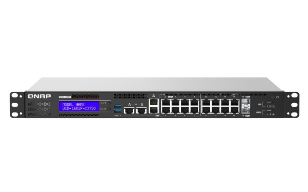 QNAP EDGE Guardian 1602P 16 1GbE PoE ports with 2 RJ45 and SFP combo port. 418W toatl power comsumption 370W PoE power budget I