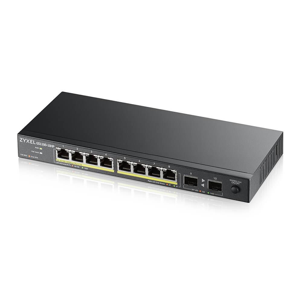 SWITCH ZYXEL GS1100-10HP UNMANAGED 8P Gigabit (fino a 120W) +2P SFP Gigabit design senza ventole Desktop