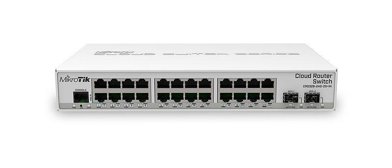 MikroTik switch 10G SFP+ cages, 512 MB of RAM, 24 Gigabit Ethernet ports