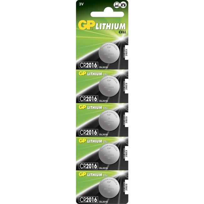 GP button cell battery, Lithium, CR2016, 5-pack