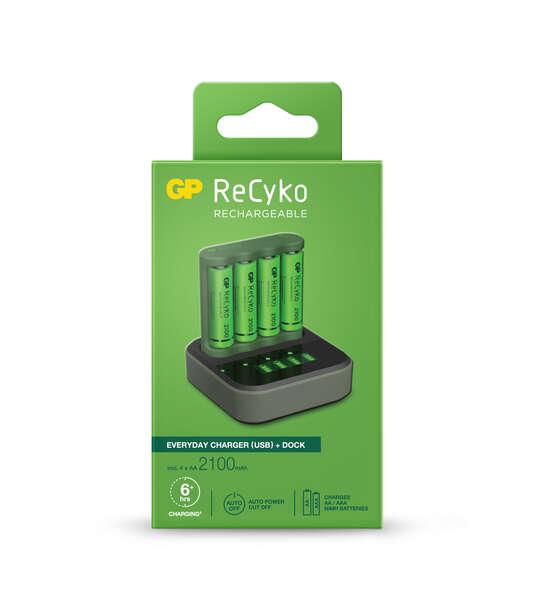 GP RECYKO B421 PACCHIO DOCK PACCHIO DISTRIBILE USB 4 SPAZZI + BASE DI CARICA + 4 BATTERIE RICARICABILI 2100MAH AA