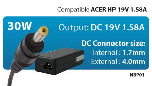 HANTOL ALIMENTATORE 30 W COMPATIBILE CON ACER HP 19V 1.58A PLUG 1.7/40 mm NBP01