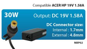 HANTOL ALIMENTATORE 30 W COMPATIBILE CON ACER HP 19V 1.58A PLUG 1.7/ 48 mm NBP02