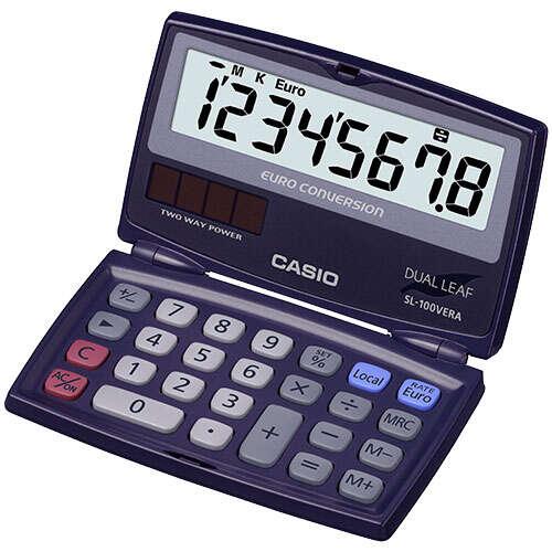 Casio SL-100VERA Calcolatrice tascabile a conchiglia - Display LCD extra large a 8 cifre - Funzione convertitore euro - Colore