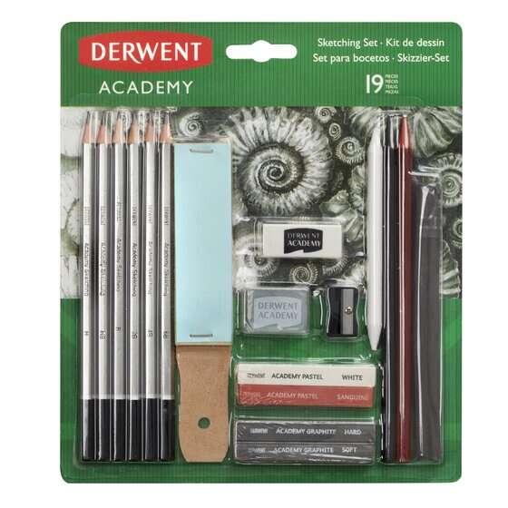 Derwent Academy Set da Disegno - 6 matite grafite assortite, 2 blocchi grafite, 2 stick da disegno senza legno, 2 pastelli (bia