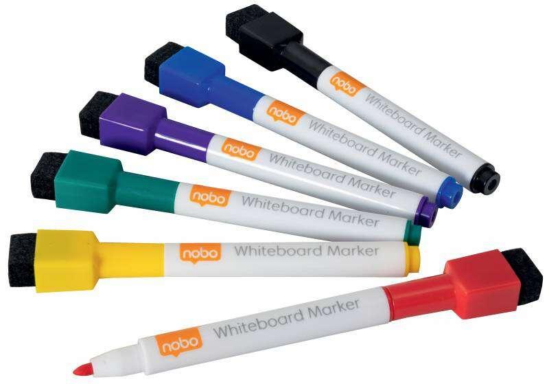 Nobo 1903792 Assorted Colour Mini Whiteboard Pen with Magnetic Eraser Cap Pack of 6