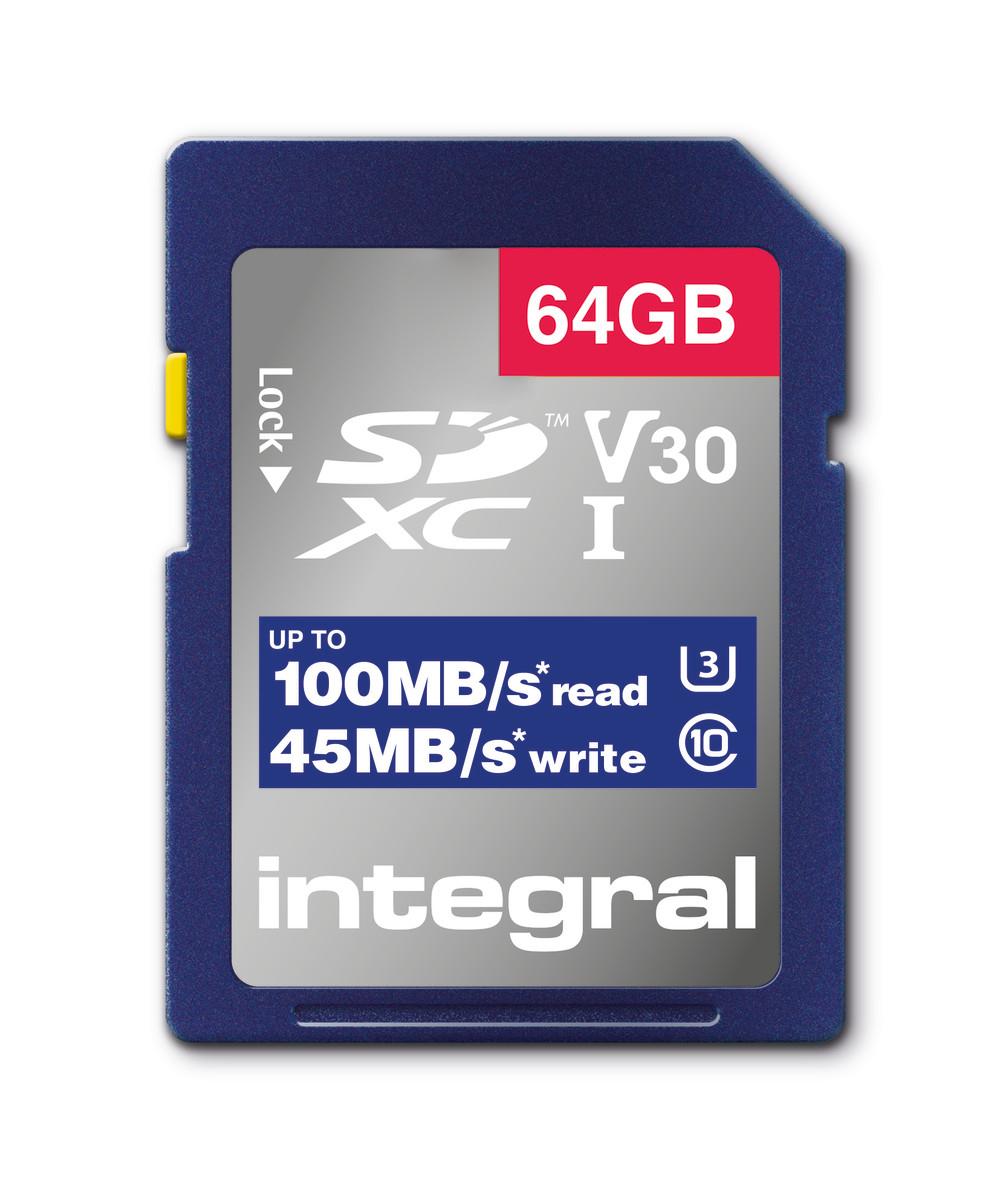 Integral INSDX64G-100V30 64GB SD CARD SDXC UHS-1 U3 CL10 V30 UP TO 100MBS READ 45MBS WRITE UHS-I (64GB SD MEMORY CARD SDXC UHS-