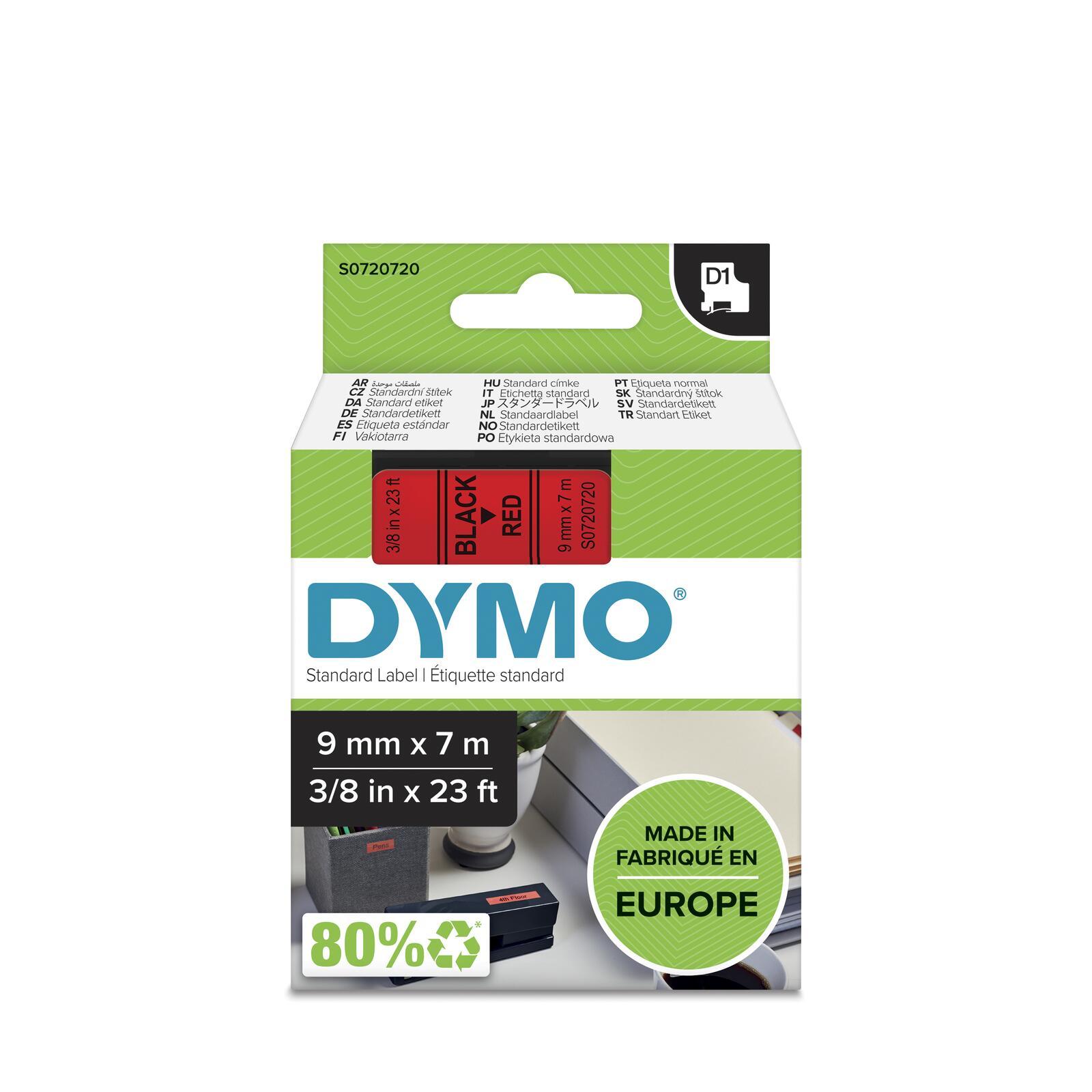 DYMO D1 - Standard Etichette - Nero su rosso - 9mm x 7m (D1 - TAPE DYMO 9MMX7M - BLACK/RED)