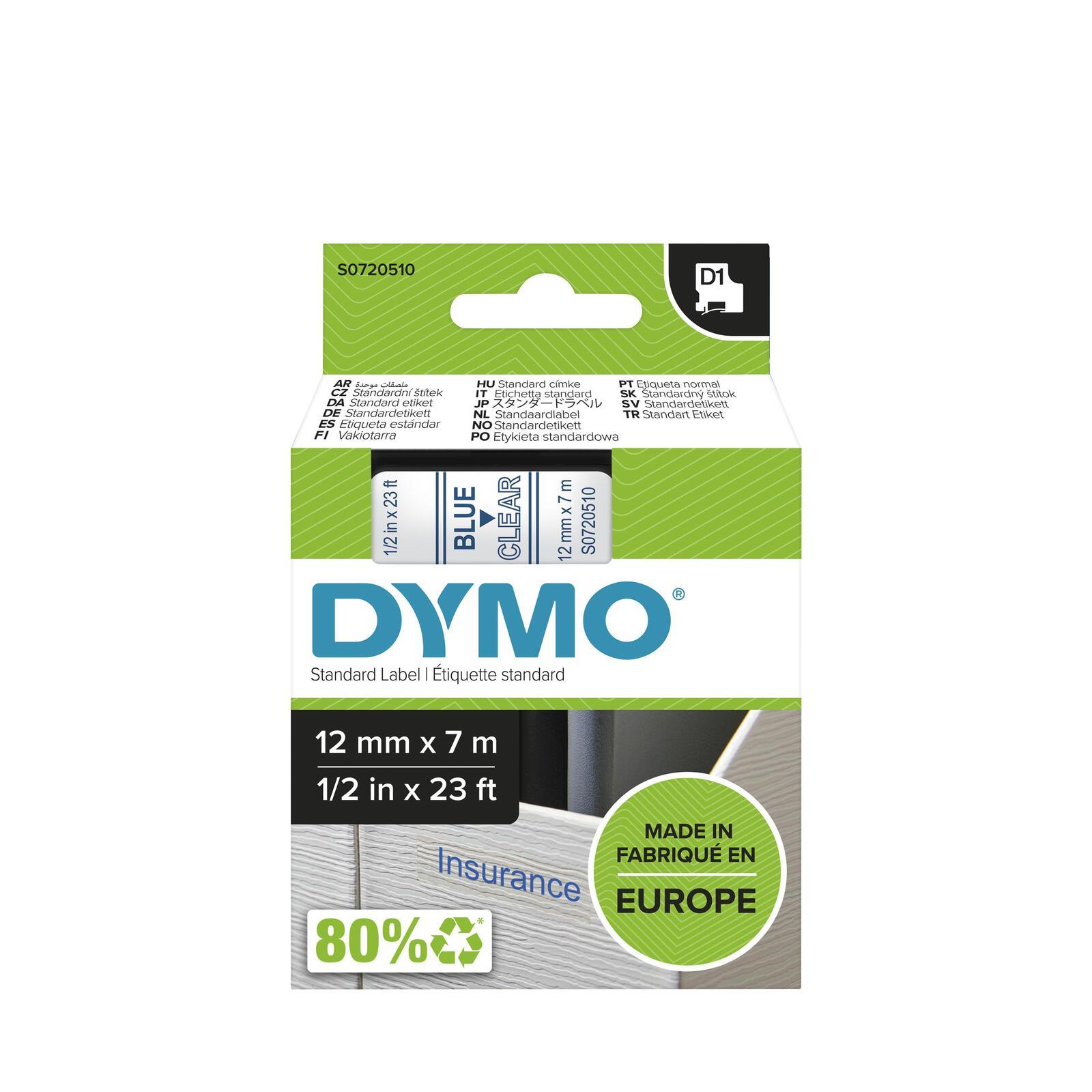 DYMO D1 - Standard Etichette - Blu su trasparente - 12mm x 7m (Dymo 45011 D1 12mm x 7m Blue on Clear Tape)