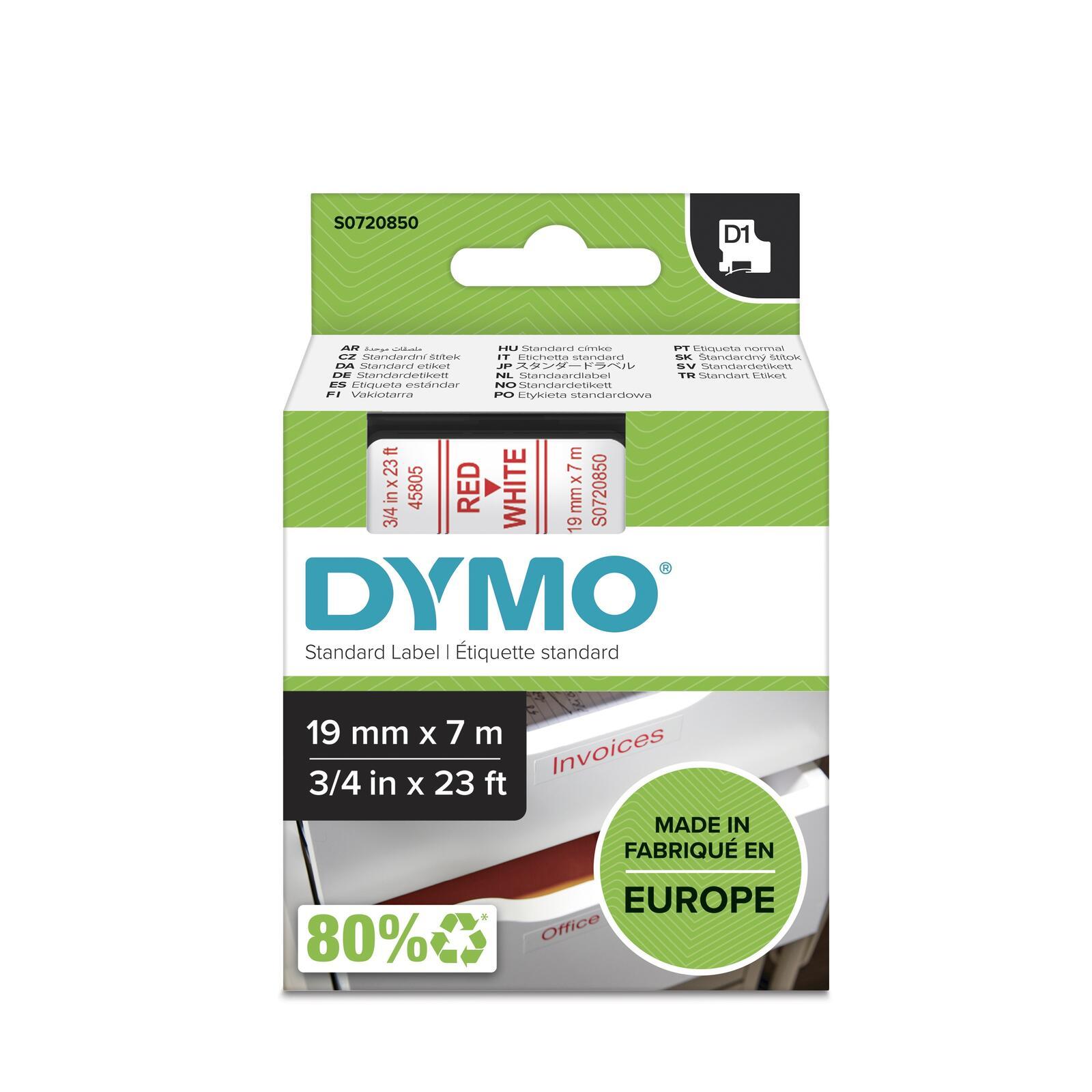 DYMO D1 - Standard Etichette - Rosso su bianco - 19mm x 7m (Dymo 45805 19mm x 7m Red on White Tape)