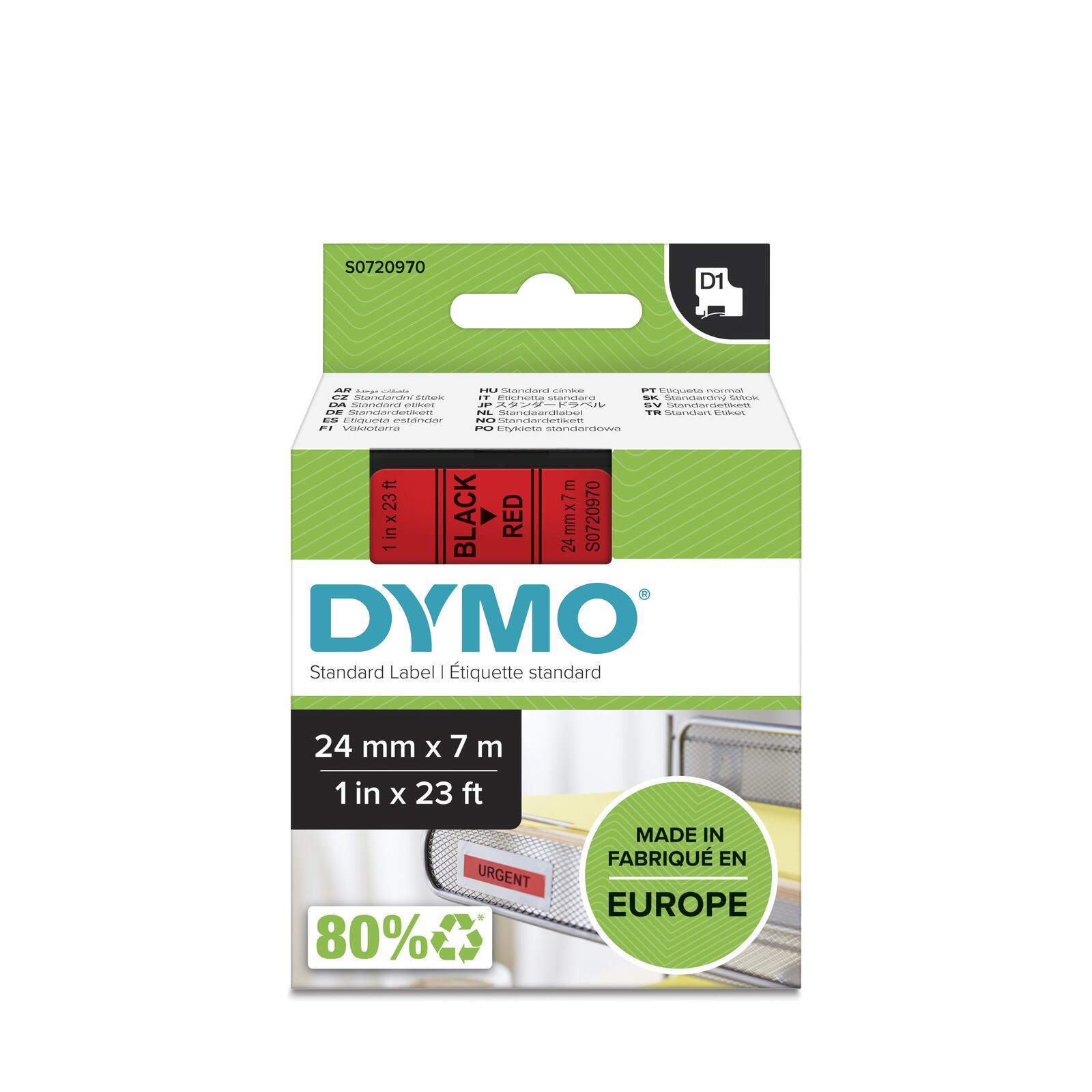 DYMO D1 - Standard Etichette - Nero su rosso - 24mm x 7m (DYMO D1 Tape 24mm Black on Red)