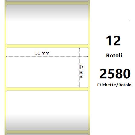 White 51x25mm 2580 Et/Rotolo Z-2000D 2x1x1 Core 12 Rolls